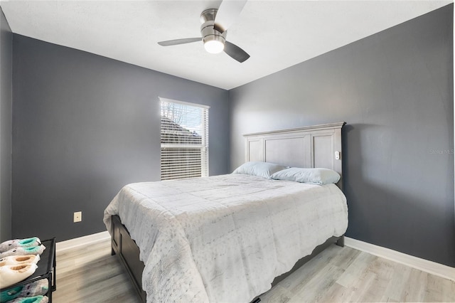 bedroom with ceiling fan and light hardwood / wood-style floors