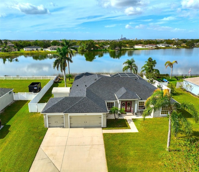 drone / aerial view featuring a water view