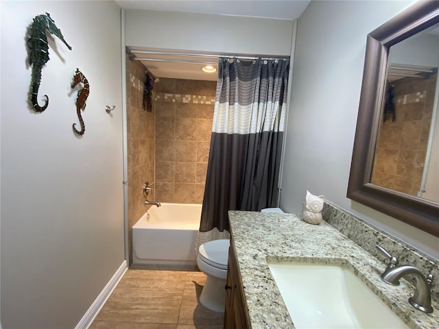 full bathroom with shower / tub combo with curtain, vanity, toilet, and tile patterned floors