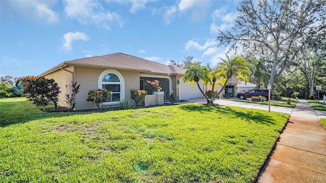 single story home with a garage and a front yard