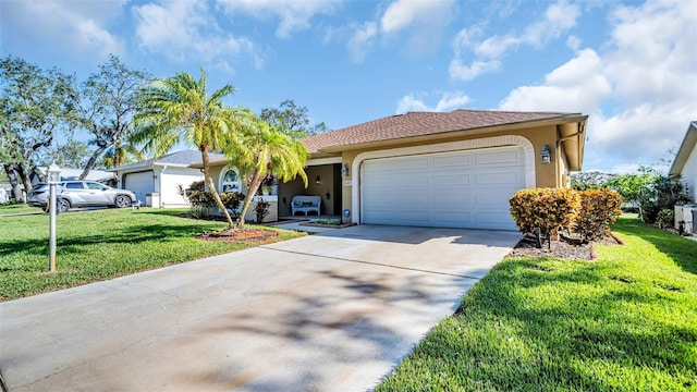 ranch-style house with a garage and a front yard