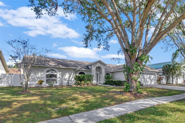 ranch-style house featuring a garage and a front yard