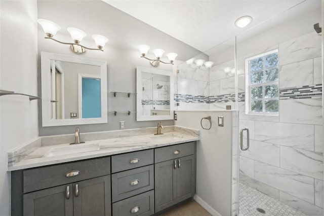 bathroom featuring vanity, lofted ceiling, and a shower with door