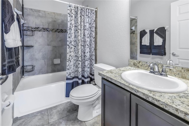 full bathroom with tile patterned flooring, vanity, toilet, and shower / bathtub combination with curtain