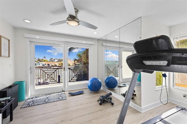 workout area featuring light hardwood / wood-style flooring and ceiling fan