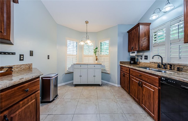 3647 Muirfield Ct, New Port Richey, FL 34655 - kitchen with black dishwasher, baseboards, light stone countertops, and hanging light fixtures