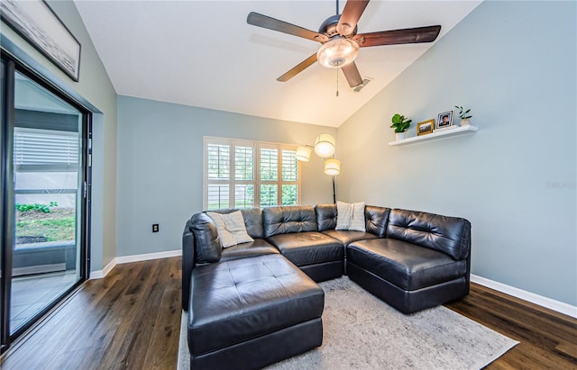 living room featuring high vaulted ceiling, dark hardwood / wood-style floors, and ceiling fan