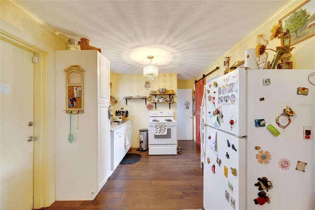 kitchen featuring white appliances, crown molding, a textured ceiling, decorative light fixtures, and dark hardwood / wood-style flooring