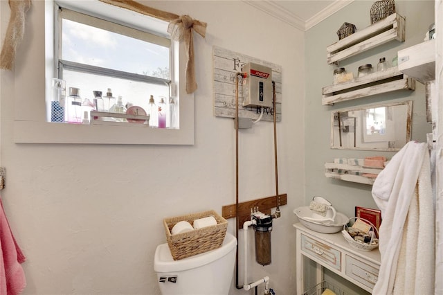 bathroom with toilet and crown molding