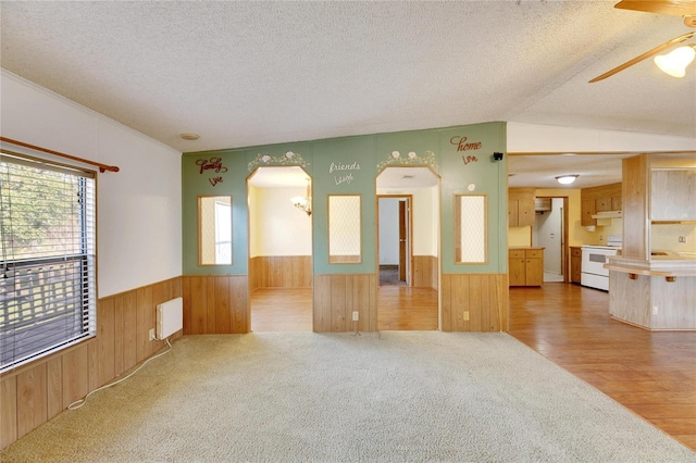 spare room featuring a textured ceiling, plenty of natural light, lofted ceiling, and hardwood / wood-style flooring