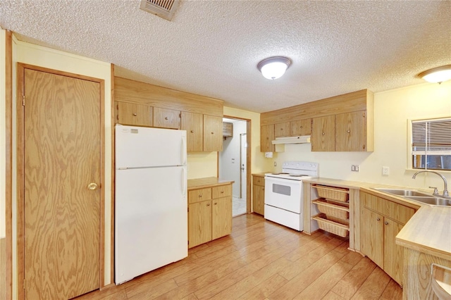 kitchen with light brown cabinetry, sink, light hardwood / wood-style floors, and white appliances