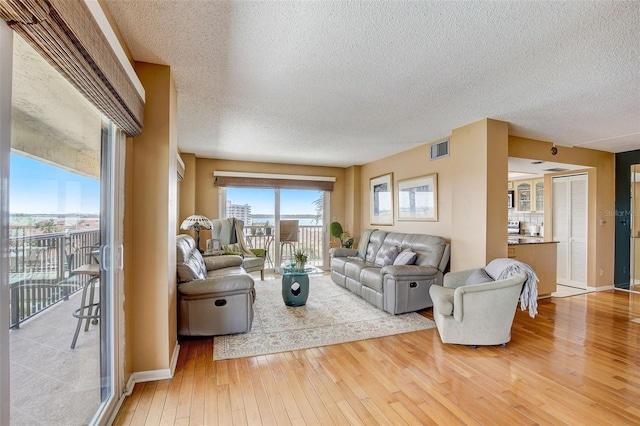 living room with hardwood / wood-style floors and a textured ceiling