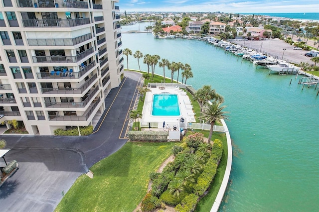 aerial view featuring a water view