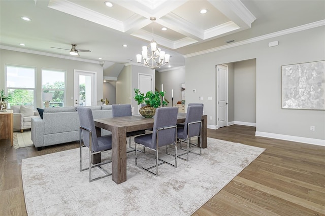 3845 Seena Manor Ct, Tampa, FL 33618 - dining room with ornamental molding, ceiling fan, wood finished floors, baseboards, and recessed lighting