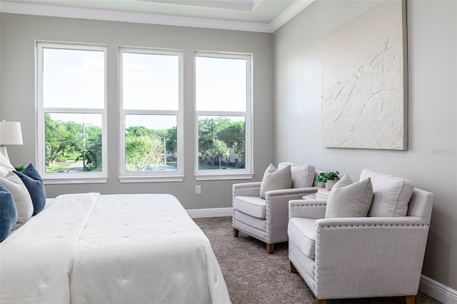 bedroom with multiple windows, carpet flooring, and crown molding