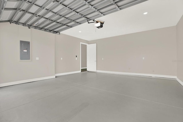 3845 Seena Manor Ct, Tampa, FL 33618 - garage with electric panel, a garage door opener, and baseboards