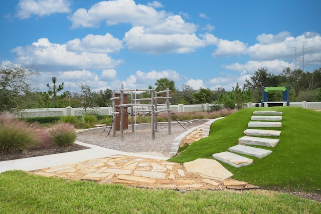 view of playground featuring a lawn