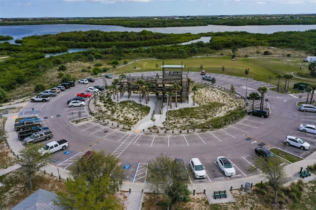 bird's eye view with a water view