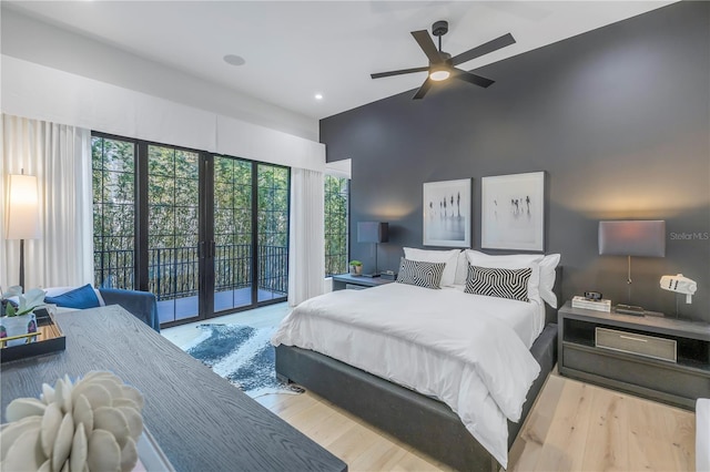 bedroom featuring access to outside, ceiling fan, and light hardwood / wood-style floors