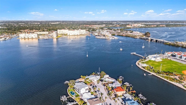 birds eye view of property featuring a water view