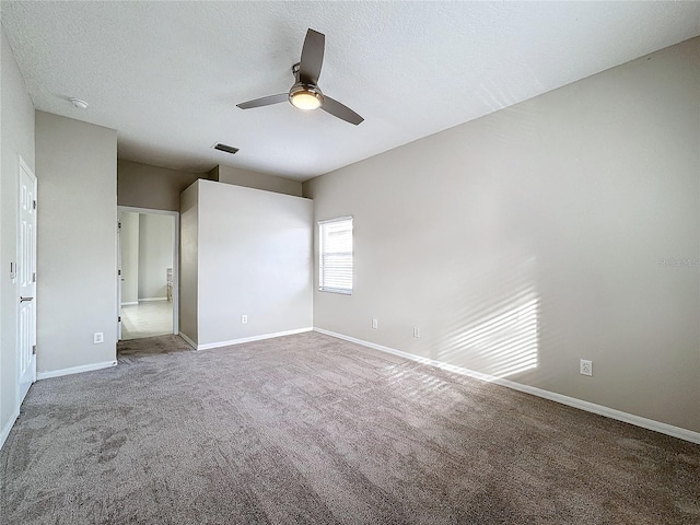 unfurnished bedroom featuring a textured ceiling, ceiling fan, and carpet floors