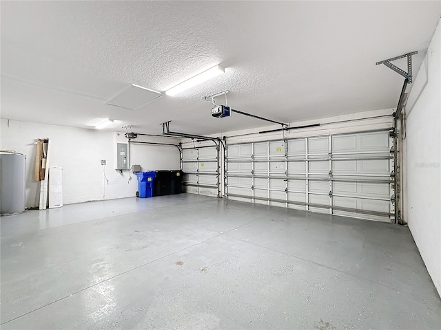 garage with electric panel, water heater, and a garage door opener