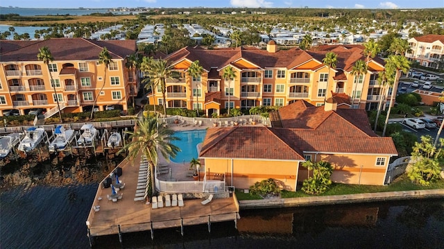 aerial view featuring a water view