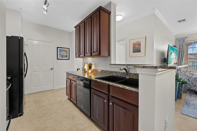 kitchen featuring black appliances, crown molding, dark stone counters, sink, and kitchen peninsula