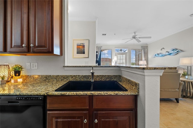 kitchen featuring black dishwasher, sink, ceiling fan, crown molding, and stone countertops