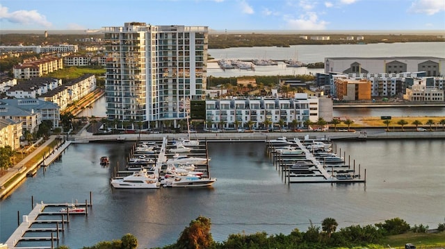 birds eye view of property featuring a water view