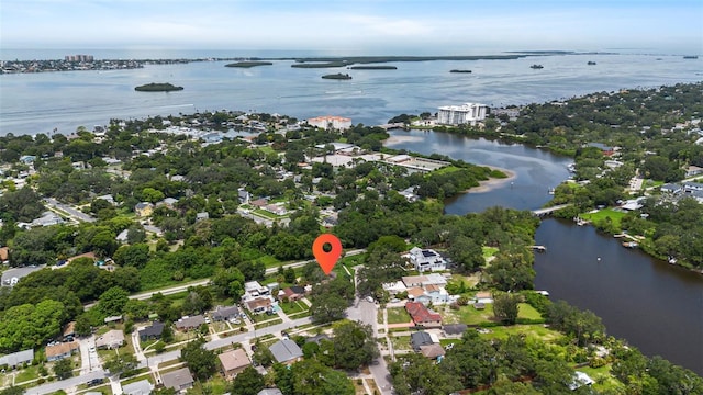 aerial view featuring a water view