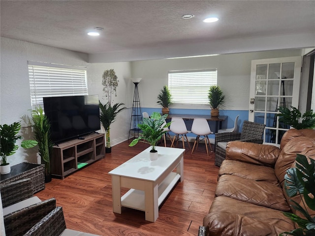 living room featuring a textured ceiling and dark hardwood / wood-style floors