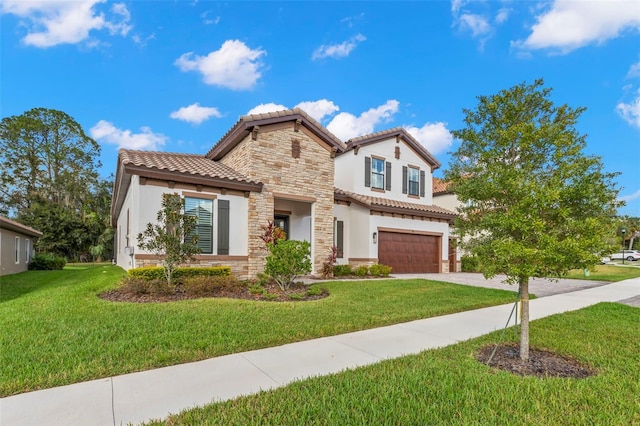 mediterranean / spanish-style home with a garage and a front lawn