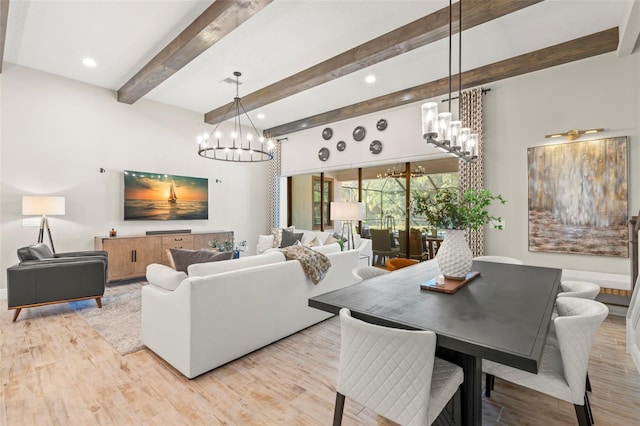 dining room with light hardwood / wood-style floors and beam ceiling