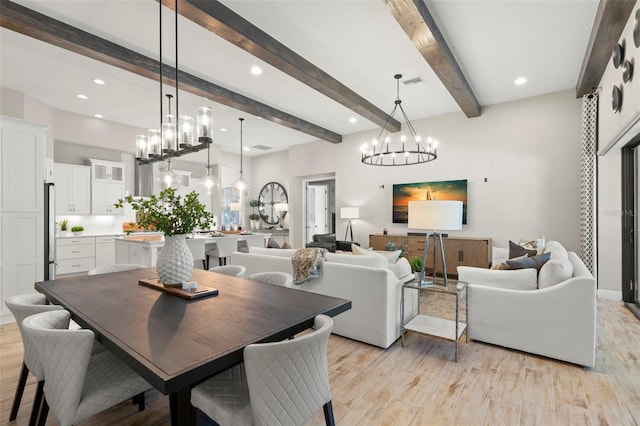 dining space featuring beam ceiling and light wood-type flooring