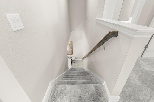 stairway featuring carpet flooring