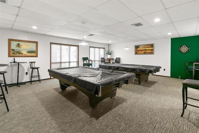 game room with carpet, a paneled ceiling, and billiards