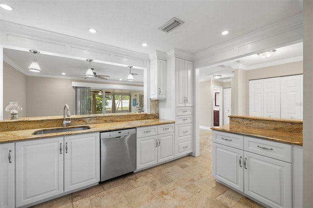 kitchen with white cabinetry, sink, stainless steel dishwasher, hanging light fixtures, and crown molding