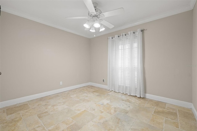 unfurnished room with ornamental molding and ceiling fan