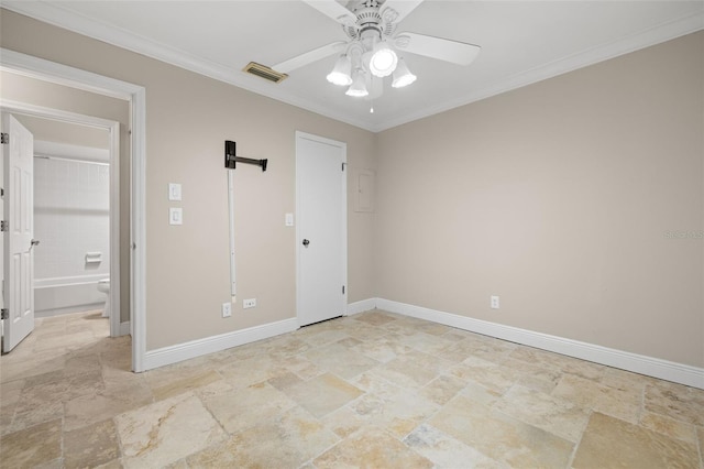 unfurnished bedroom with ceiling fan and crown molding