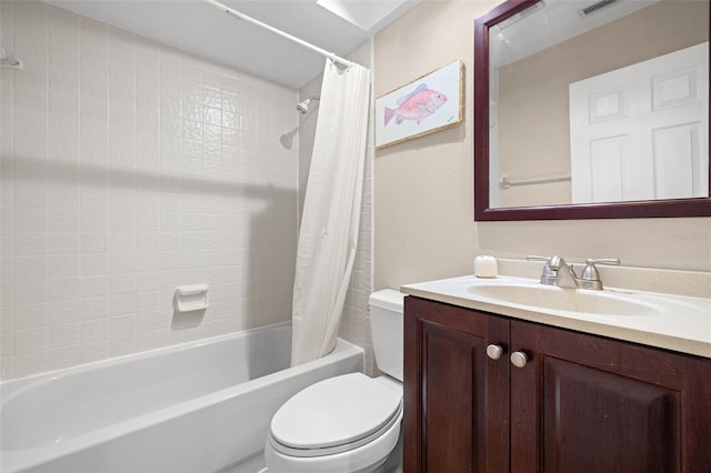 full bathroom featuring toilet, vanity, and shower / bathtub combination with curtain