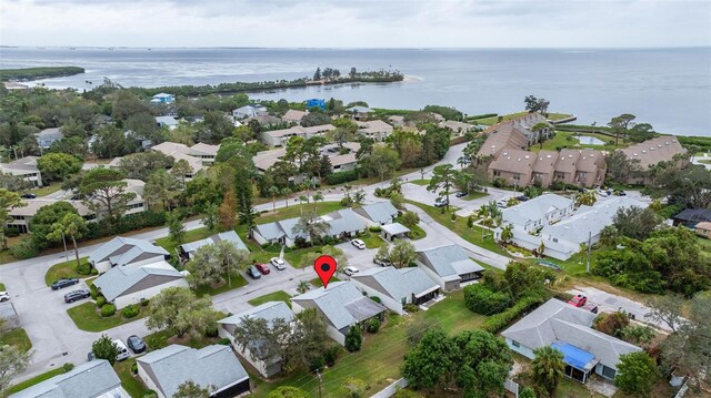 drone / aerial view featuring a water view