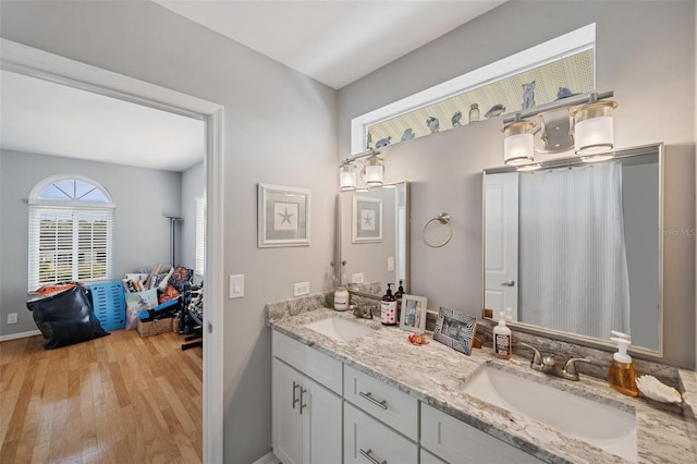 bathroom with vanity and hardwood / wood-style flooring