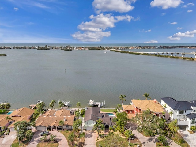 aerial view featuring a water view