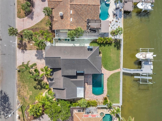 drone / aerial view featuring a water view