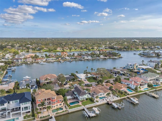 drone / aerial view with a water view