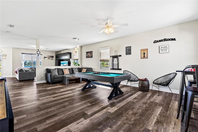 playroom featuring dark hardwood / wood-style floors, ceiling fan, and pool table