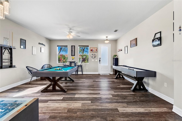 game room featuring ceiling fan, dark wood-type flooring, and pool table