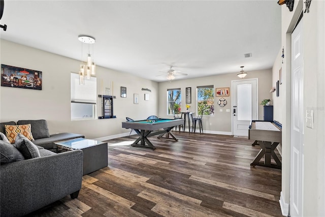 recreation room with dark hardwood / wood-style floors, ceiling fan, and billiards