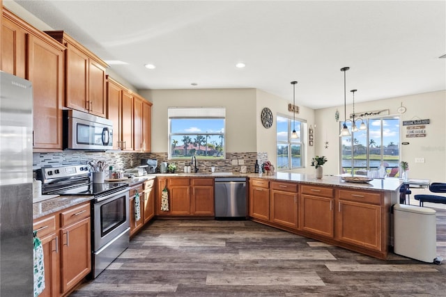 kitchen featuring dark wood-type flooring, hanging light fixtures, a healthy amount of sunlight, and appliances with stainless steel finishes